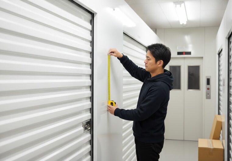 屋内施設の狭いクランク（曲がり角）や、低い天井のエレベーターの前で、メジャーを持ってサイズを測る日本人の男性。