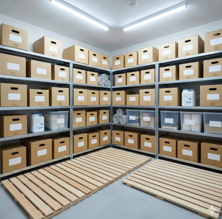 コンテナや床の上に「すのこ」を敷き、その上に壁から少し離して段ボールを積み上げた、正しい収納例。