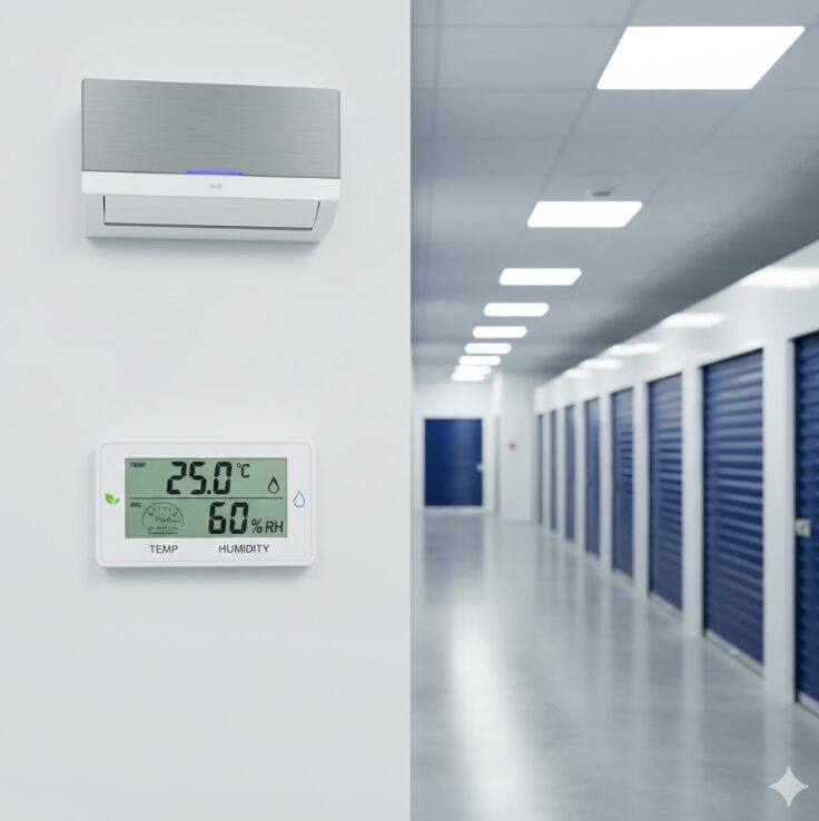 トランクルーム内の壁に設置された最新の空調設備や、デジタル式の温湿度計が適正数値を示している様子。