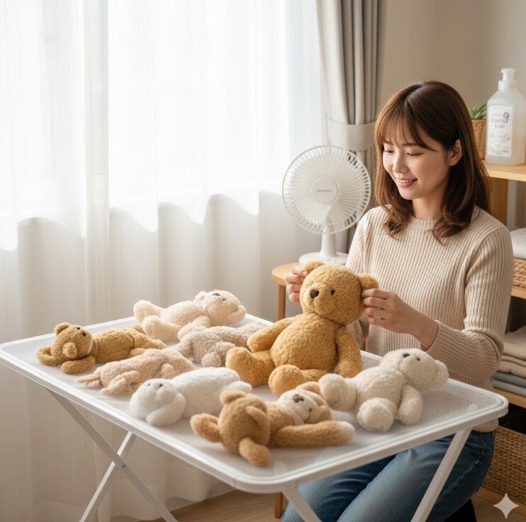  日本人女性が、自宅のベランダの陰や風通しの良い室内で、丁寧にぬいぐるみを平干しして乾燥させている様子。