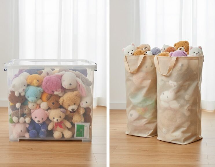  透明なプラスチックケースや、通気性の良い不織布の収納袋に、丁寧に収められたぬいぐるみの比較。

