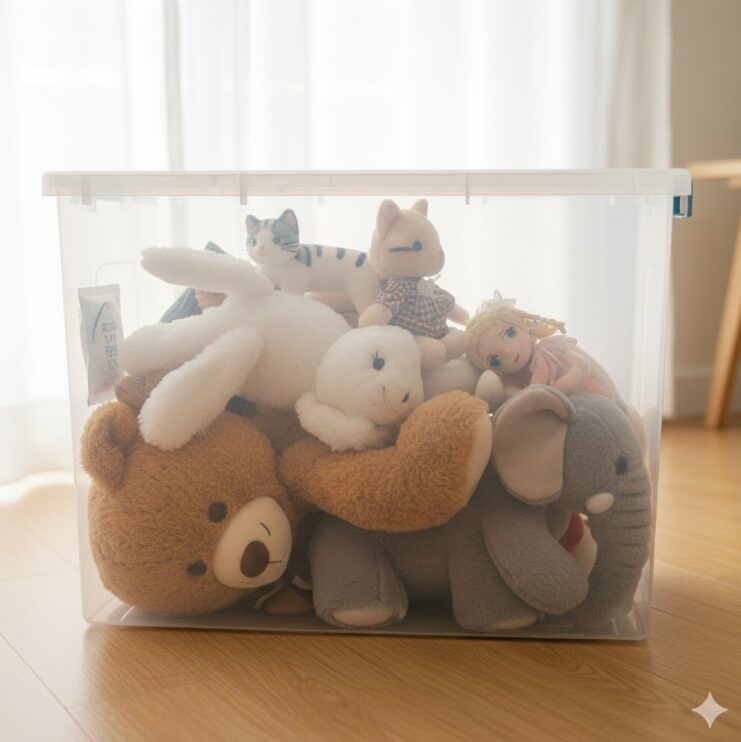 ケースの中で、重いぬいぐるみを下に、軽いものや形を崩したくないものを上にふんわりと重ねている様子。