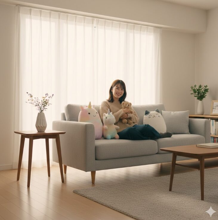 荷物を預けた後、お気に入りの数体だけが綺麗に飾られたスッキリしたリビングで、日本人の女性が笑顔でくつろいでいる様子。