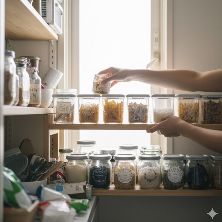 片付けの第一歩として、狭いキッチンの棚を整理整頓する様子