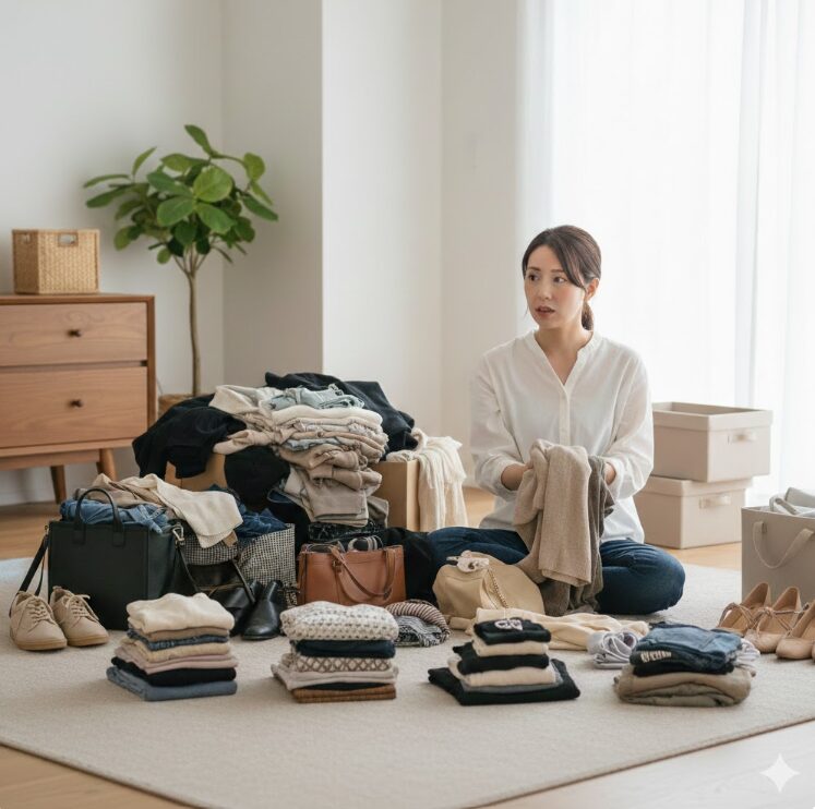 収納の中身を全て出し、持ち物の量を客観的に把握して仕分けを行う日本人女性