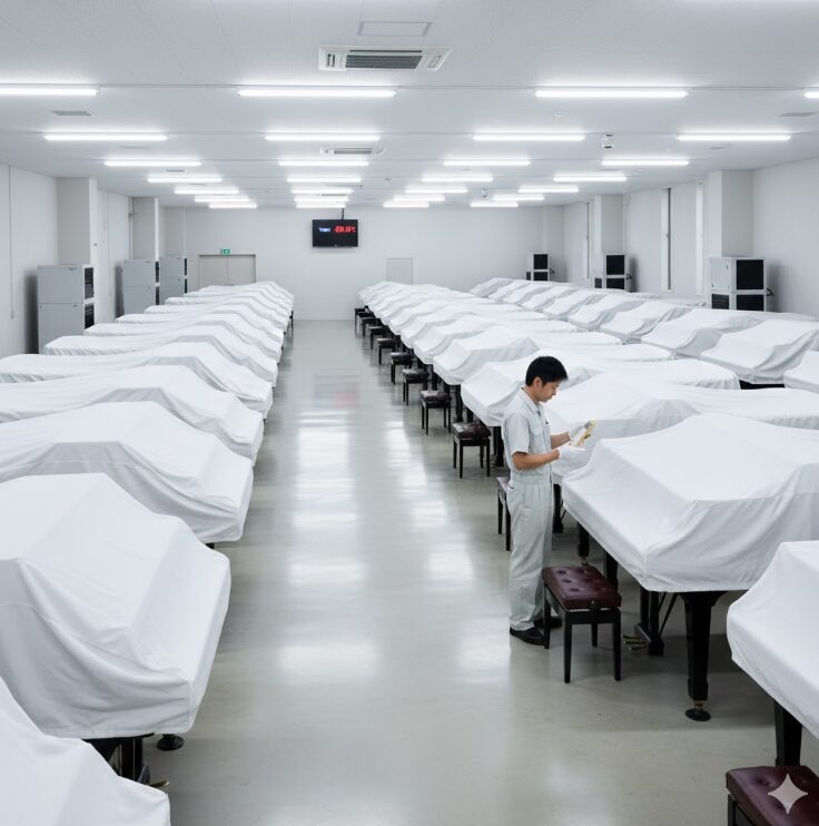 温度・湿度管理が徹底された、広々としたピアノ専用倉庫の内部。