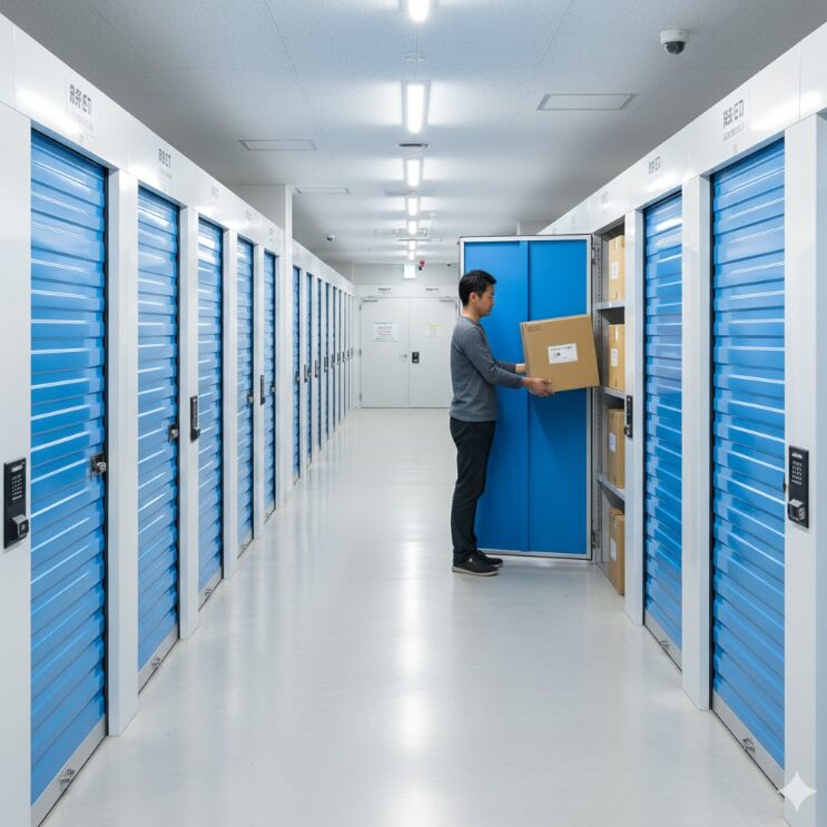 荷物の保管に便利な、清潔でセキュリティの行き届いた屋内型トランクルームの内部