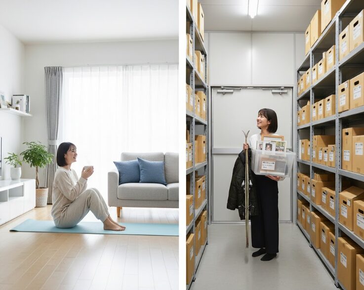 自宅の居住空間が広々としてリラックスしている様子と、別の場所（トランクルーム）で大切な荷物が綺麗に保管されている様子の比較図。無理に捨てなくても快適な生活が手に入ることをポジティブに描く。