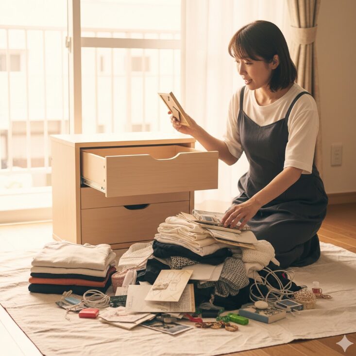 引き出しの中身をすべて明るい色のシートやテーブルの上に出し、棚が空っぽになった状態。驚きつつも、これから整理を始めようとする前向きな姿勢の日本人女性。