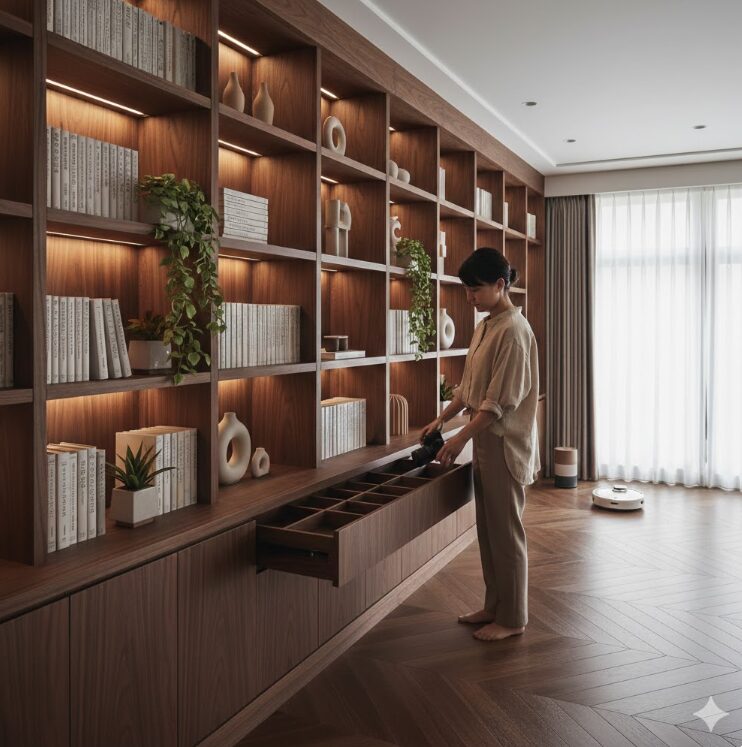 収納棚にゆとり（8割収納）があり、ワンアクションで物を取り出せる様子。床に物がなく、掃除機がけがスムーズにできるような清潔感があり、上質でお洒落なリビング。