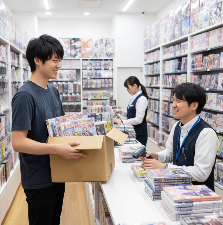 駿河屋やらしんばんといったオタク系専門店で買い取りしてもらっている若い日本人男性。スタッフが笑顔で対応している。
