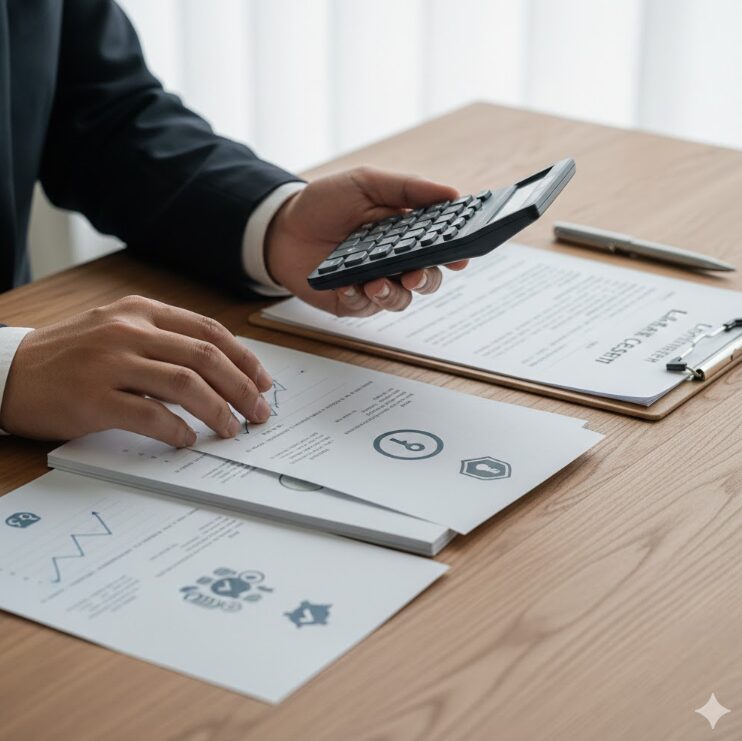 デスクの上で、契約書と電卓、そして「事務手数料」「鍵交換代」「保証金」と書かれた(文字は描かず、アイコンや書類の束で表現)項目を整理している日本人の手元。