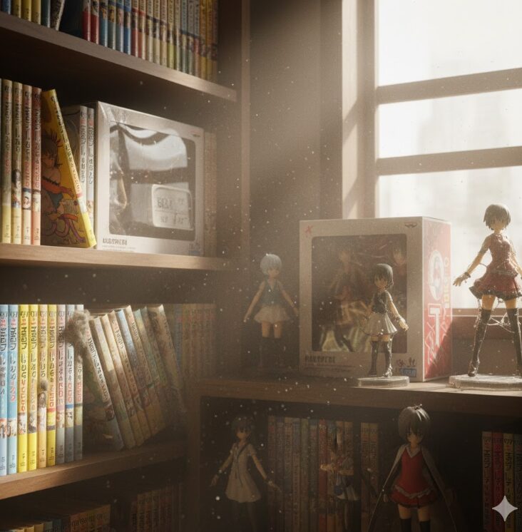 窓からの直射日光や湿気により、棚にある漫画やフィギュアが劣化するリスクを表現したイメージ図。