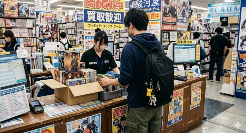 駿河屋やらしんばんといったオタク系専門店で買い取りしてもらっている若い日本人男性の後ろ姿。