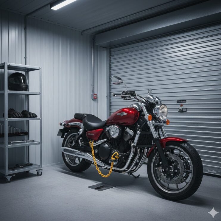 シャッター付きのガレージ内に大切に保管された大型バイク。頑丈なチェーンロックが施され、ヘルメットや整備道具が整理整頓されている様子。