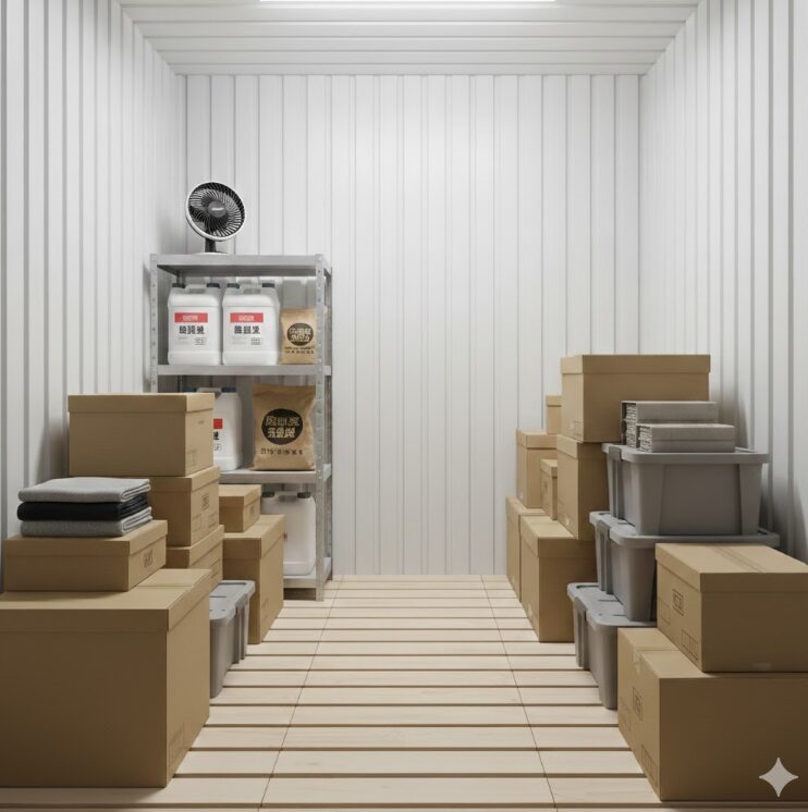 トランクルームの内部。床にスノコを敷き、壁から少し離して荷物を配置している様子。棚には除湿剤が置かれ、空気が循環している清潔なイメージ。