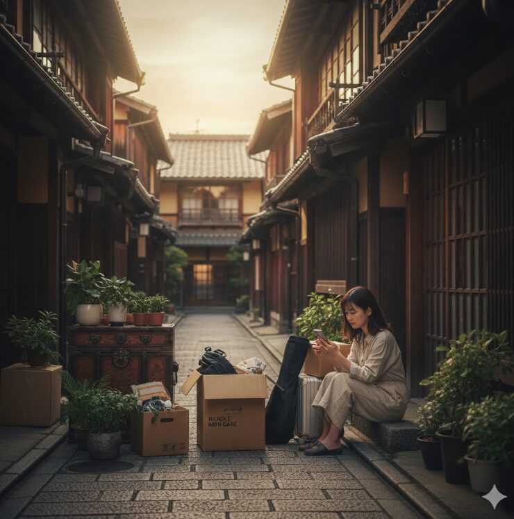 京都らしい伝統的な町家が並ぶ細い路地。その一角で、日本人女性が「家に入りきらない荷物（段ボールや季節用品）」を前に、スマートフォンで解決策を探している様子。