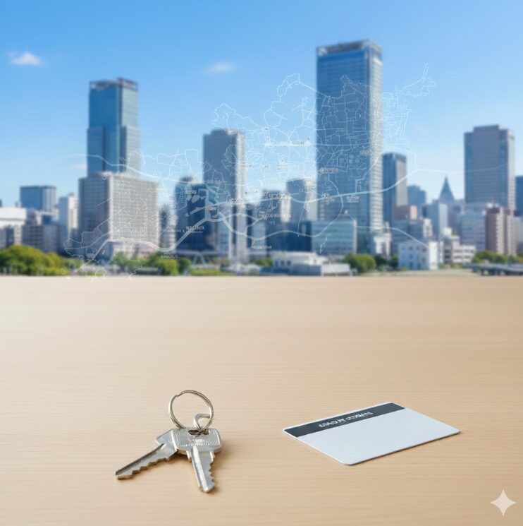仙台市内の地図を背景に、あるいは仙台駅周辺のビル群を遠景に、手前に清潔感のあるトランクルームの鍵を置いたイメージ。