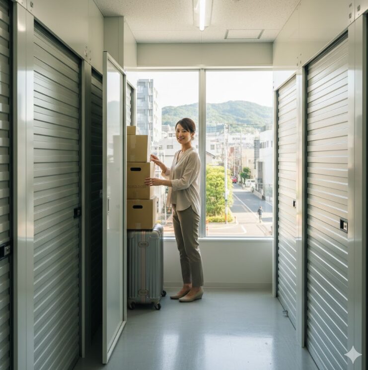 兵庫県伊丹市の明るく爽やかな街並みを背景に、清潔感のある屋内トランクルームの扉を開けて、笑顔で整理整頓をしている日本人女性の姿。