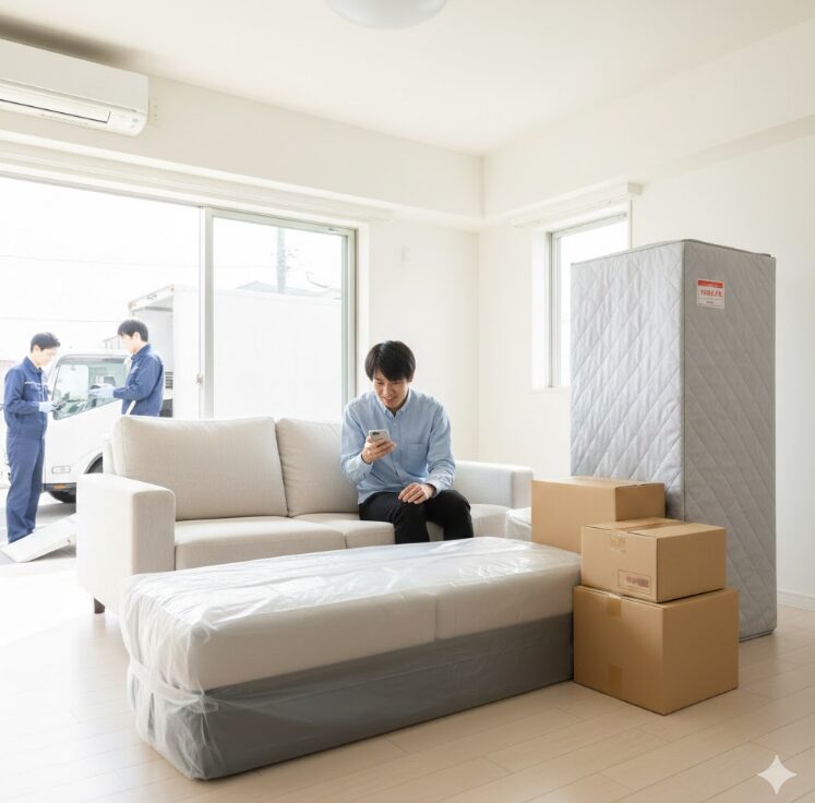 明るく清潔感のあるリビングで、日本人の男性がスマホを操作している。