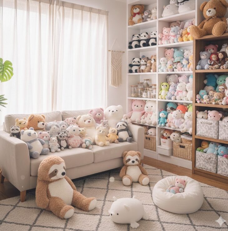 部屋に飾られた可愛らしいぬいぐるみのコレクション