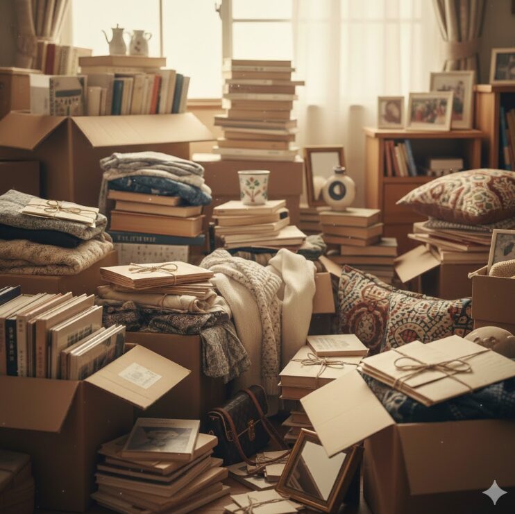 物が溢れた部屋。背景には積み重なった服や箱があるが、ただの「散らかった部屋」ではなく、一つ一つの物を大切にしているがゆえに手放せない状態の部屋。