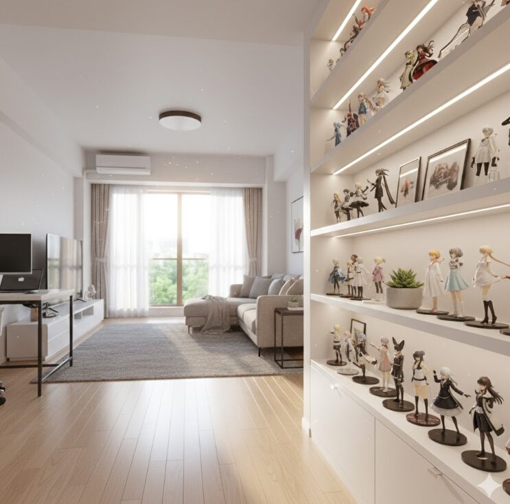 「理想の聖域」を象徴するビジュアル。手前には整然と並んだフィギュアやアクリルスタンドが飾られた美しいコレクション棚があり、奥には窓から明るい光が差し込む清潔感のあるフローリングの部屋。片付けが完了し、QOLが高い「オタクの理想郷」を表現。