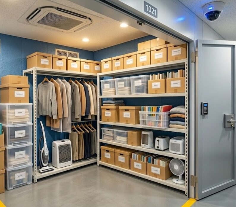 空調完備で清潔な、室内型トランクルームの内部。衣類や家電、本などが湿気から守られ、整理整頓されて保管されている。防犯カメラなどのセキュリティも完備。