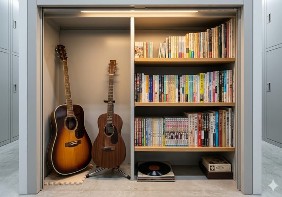 屋内トランクルームにある格安なロッカーサイズ(0.5帖未満)に綺麗に収納されている趣味のギターや本。