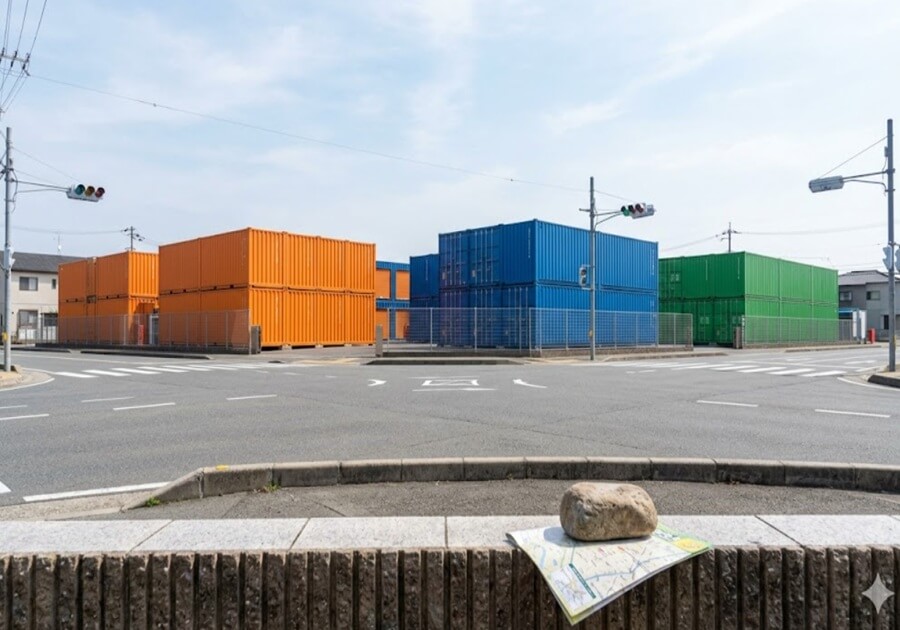 枚方市内の交差点周辺に点在する、オレンジやブルーなど様々な色の屋外トランクルーム施設群。相場比較のイメージ。