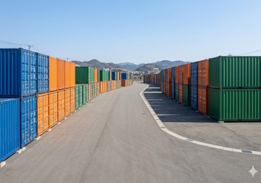 枚方市長尾エリアにある、広大で整然とした屋外コンテナ式トランクルーム施設の全景。青空の下、無人の通路が続く。