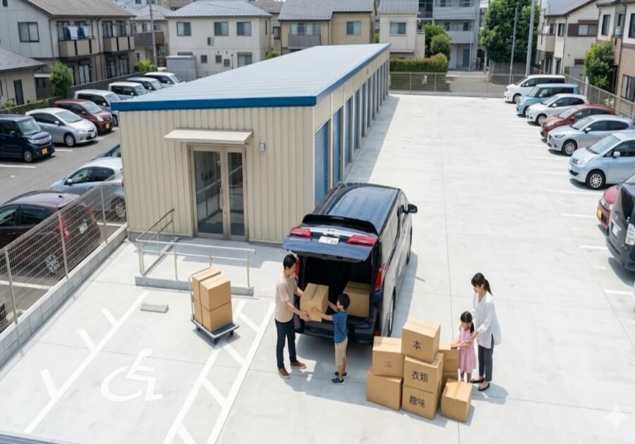 世田谷区にある無料駐車場完備の格安トランクルーム前で、ミニバンから荷物を運び出す日本人家族を上空から見たイメージ。車寄せがありスムーズに作業。