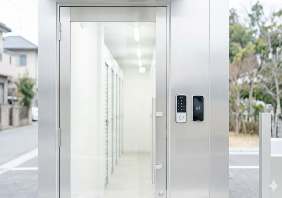 スマートロックとデジタルキーパッドを備えた、枚方市内の無人屋内型トランクルームのモダンなエントランス。