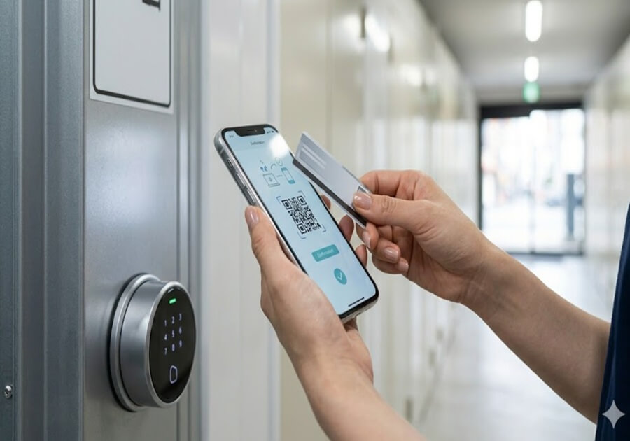 世田谷区のトランクルームで、スマートフォンを使いスマートロックの鍵を即日発行し、利用を開始する日本人女性の手元のアップ