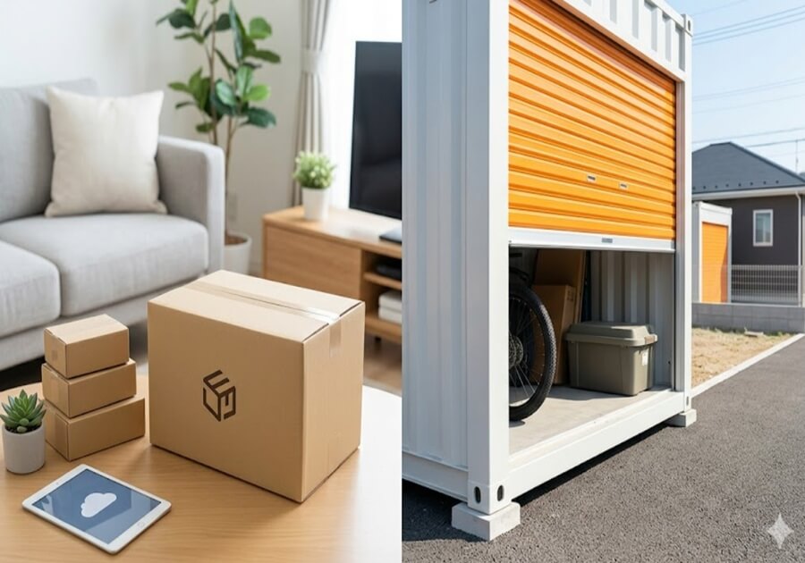 宅配型トランクルームの段ボール箱が置かれた清潔な室内と、荷物が収納された屋外コンテナ店舗の入り口を並べた比較イメージ。