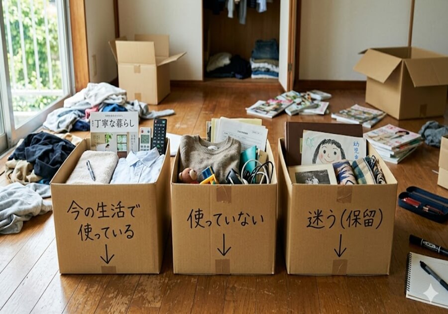 床に並べられた3つの段ボール箱。左から「今の生活で使っている」「使っていない」「迷う(保留)」の仕分けルールを視覚化し、それぞれの箱にモノが少し入っている様子。