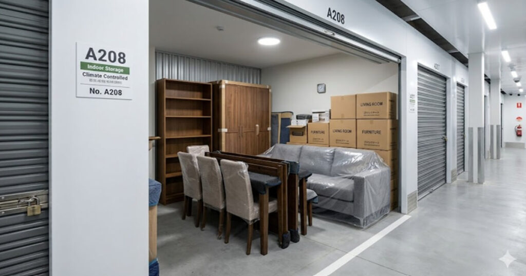 綺麗な屋内トランクルームに大型家具が収納されている様子