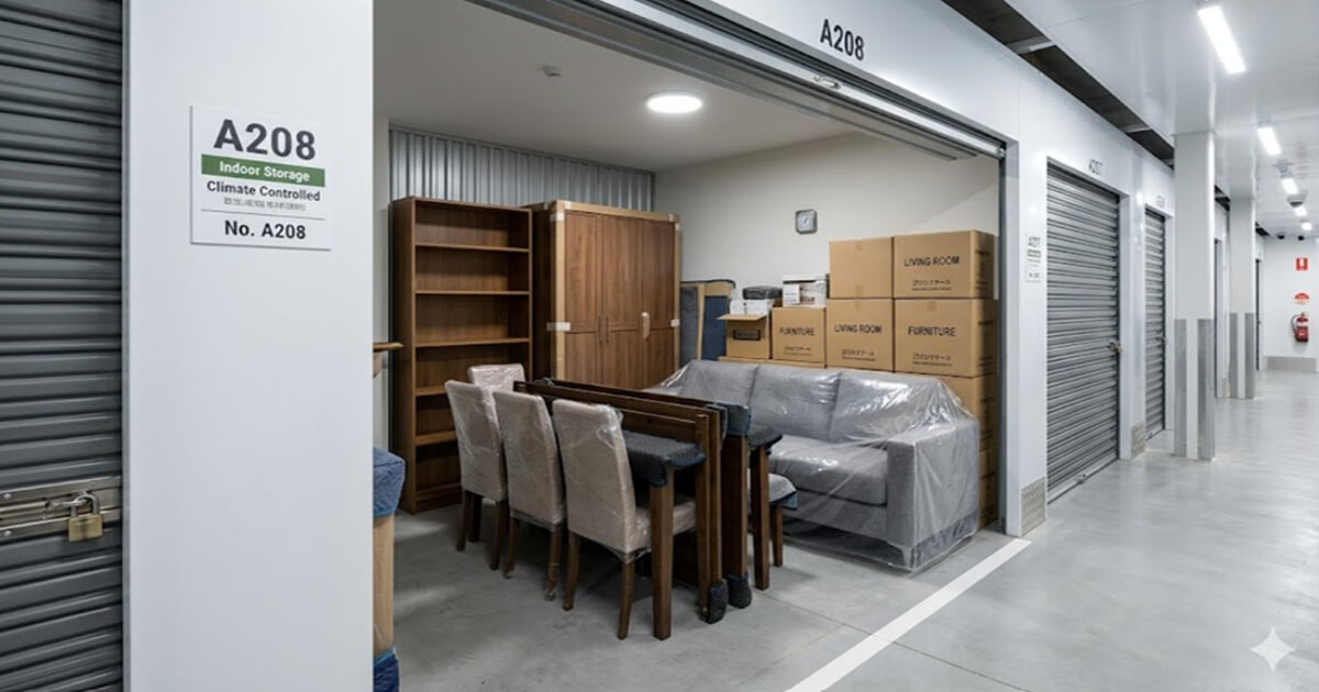 綺麗な屋内トランクルームに大型家具が収納されている様子