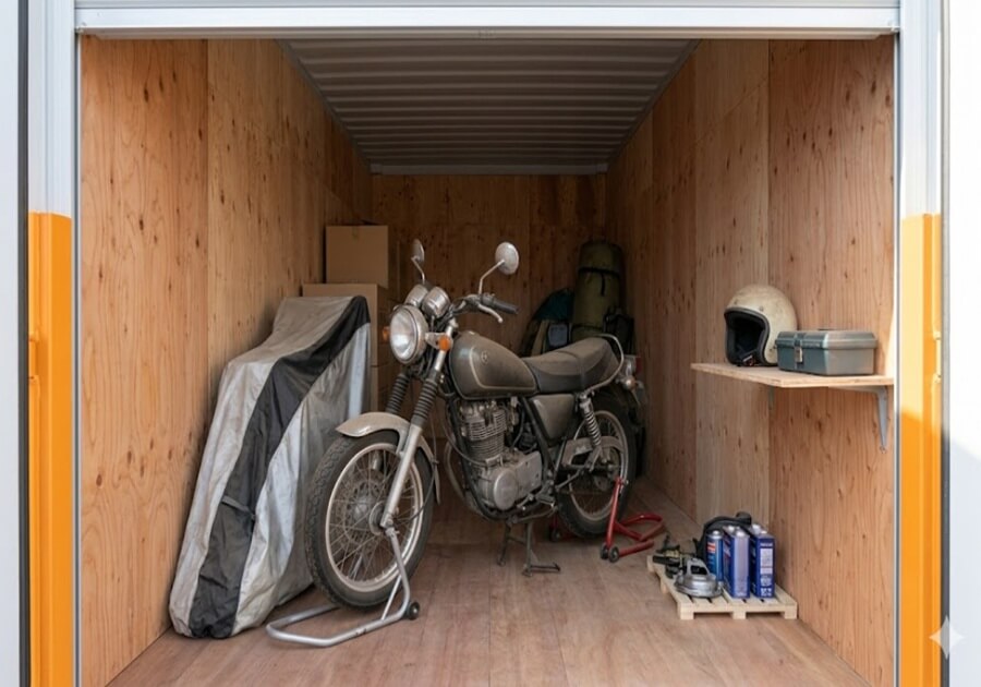 3帖コンテナ内に保管された冷えた状態のバイクとヘルメット