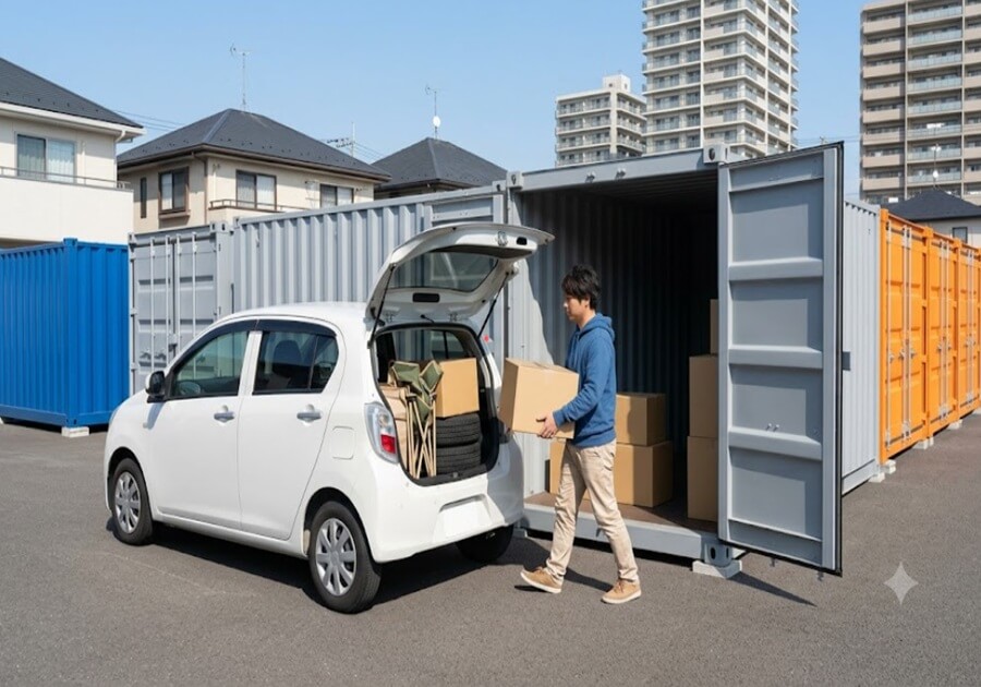 屋外トランクルームに車を横付けして、荷物を運びこむ様子