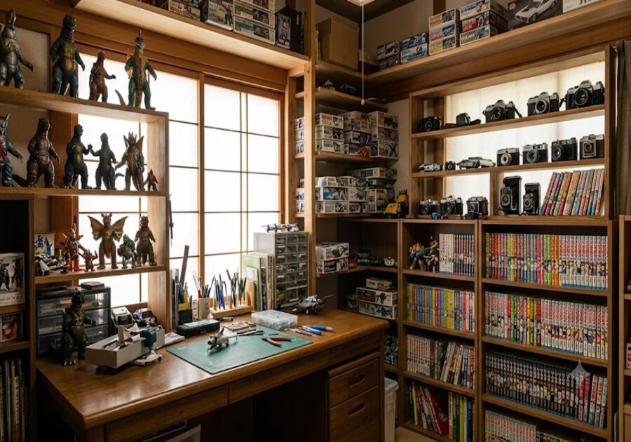 木製の棚にぎっしりと並べられた、ビンテージのフィギュア、プラモデルの箱、カメラ、そして漫画本のコレクション。趣味への情熱が感じられる部屋の風景。