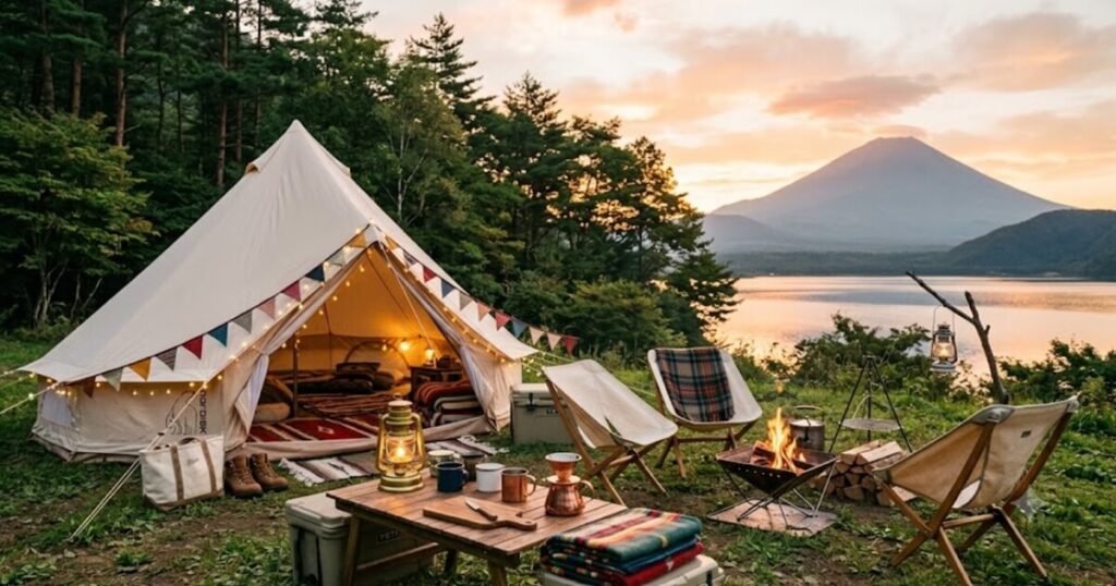 キャンプの風景。お洒落なテントを設置し、雰囲気抜群のキャンプタイム