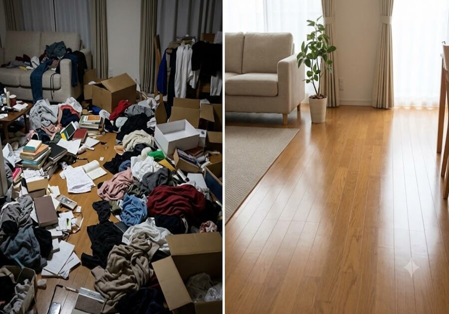 垂直に分割された画像。左パネルは生活ゴミや衣類で溢れた汚部屋の床（ビフォー）、右パネルはすべてが片付きフローリングが露出した同じ場所（アフター）。