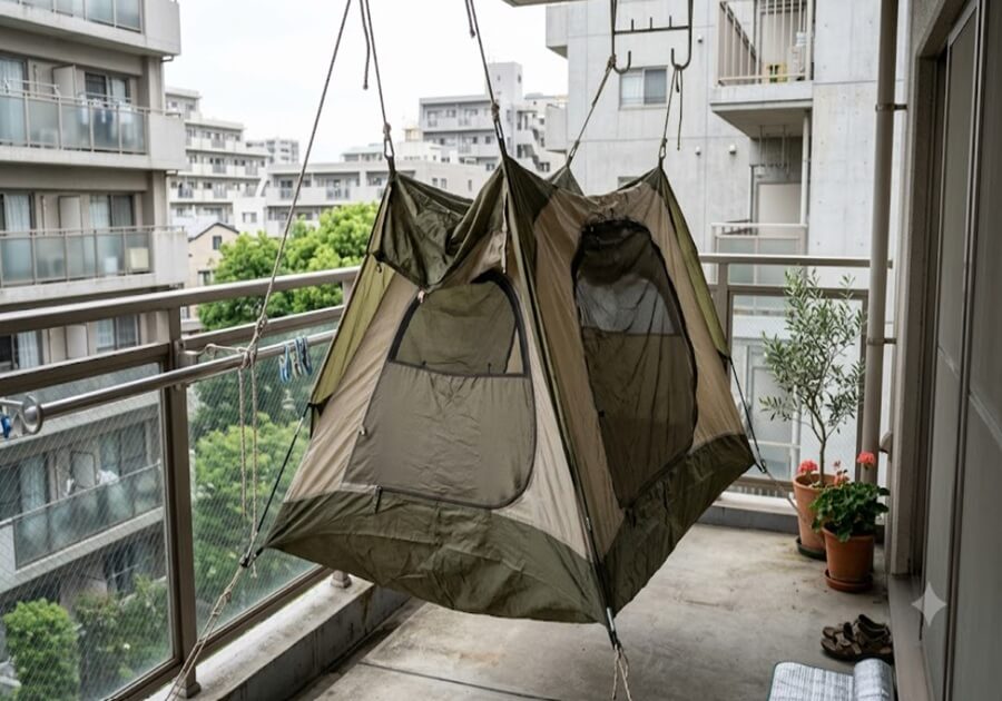 使用後のテントをベランダで干している様子