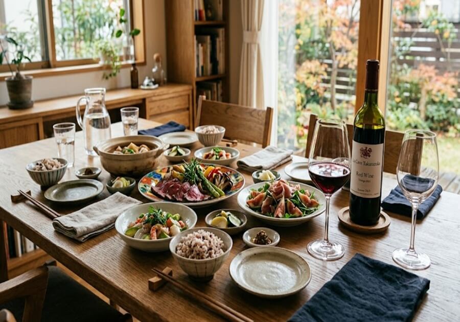 ダイニングテーブルに並べられた豊かな料理と、それに合わせて用意された赤ワインのボトルとグラスの風景