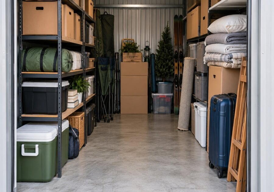 棚と通路を確保して荷物を整理したトランクルーム内部