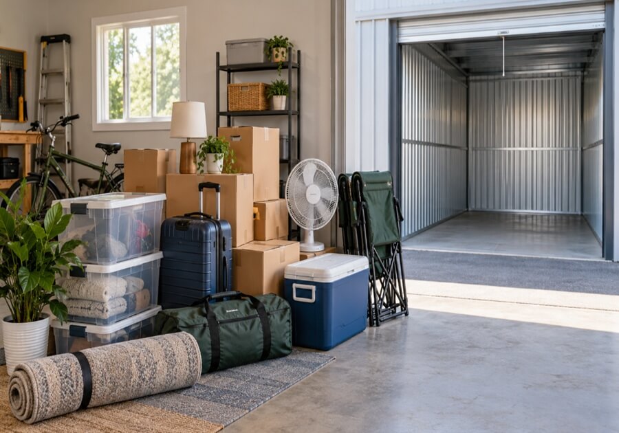 トランクルーム契約前に荷物を集めて必要な収納サイズを確認する様子