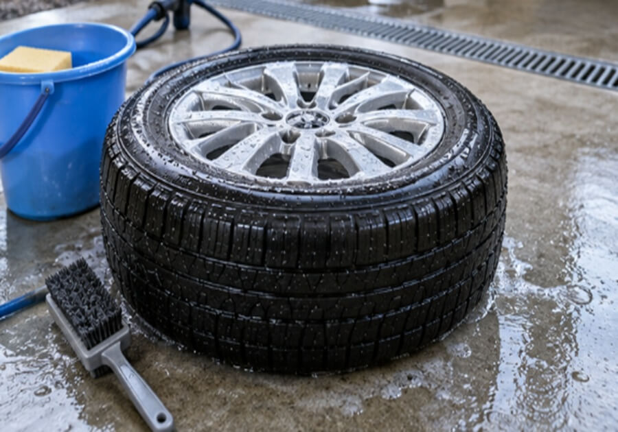 洗浄後の車用タイヤとバケツ、ブラシが並ぶ、保管前にタイヤを洗って乾燥させる作業のイメージ